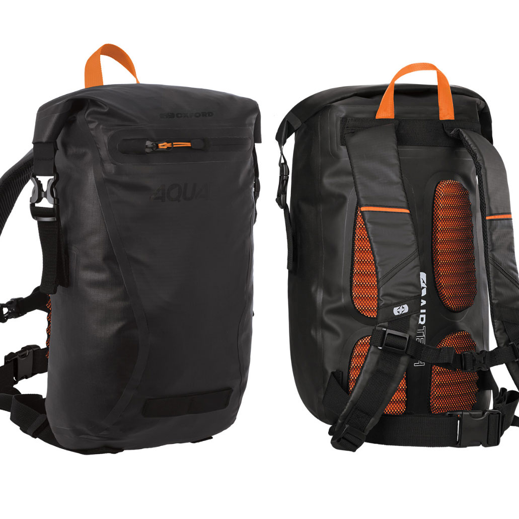 Front and rear view of the Oxford aqua evo 22 litre waterproof motorcycle backpack