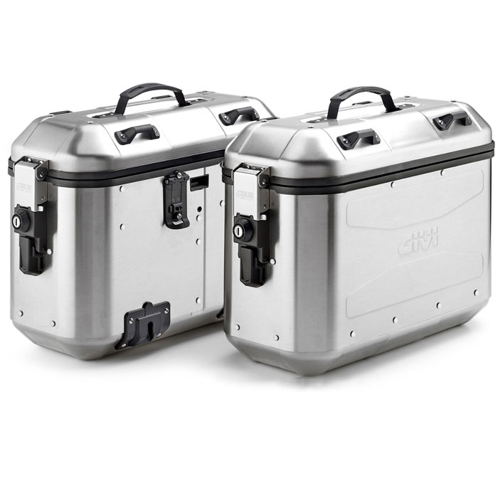 Pair of Givi Trekker Dolomiti motorcycle panniers in natural aluminium finish