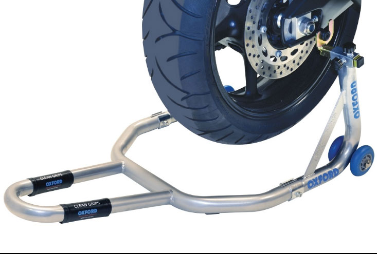Oxford premium rear motorcycle paddock stand lifting the rear wheel of a motorcycle.