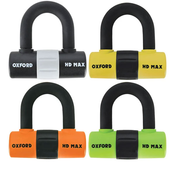 Oxford HD max motorcycle disc lock is available in four colours - orange, black, yellow and green.
